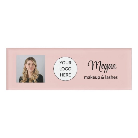 Blozende Roze Script Logo Foto Make-up Naambadge (Voorkant)