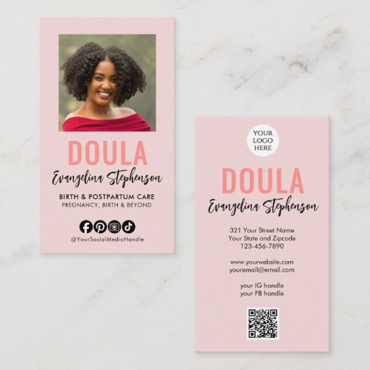 Blozende Roze Script Logo QR Code Foto DOULA Visitekaartje (Voorkant / Achterkant)