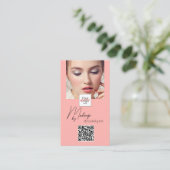 Blozende Roze Script Logo QR Code Foto Make-up Visitekaartje (Staand voorkant)