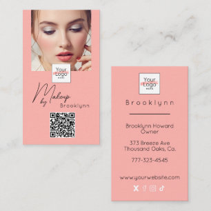 Blozende Roze Script Logo QR Code Foto Make-up Visitekaartje