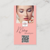 Blozende Roze Script Logo QR Code Foto Make-up Visitekaartje (Voorkant)