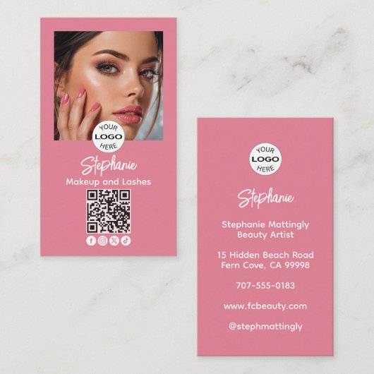 Blozende Roze Script Logo QR Code Foto Make-up Visitekaartje (Voorkant / Achterkant)