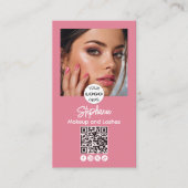 Blozende Roze Script Logo QR Code Foto Make-up Visitekaartje (Voorkant)