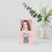 Blozende Roze Script Logo QR Code Foto Make-up Visitekaartje (Staand voorkant)