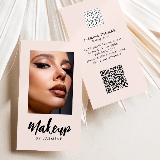 Blozende Roze Script Logo QR Code Foto Make-up Visitekaartje
