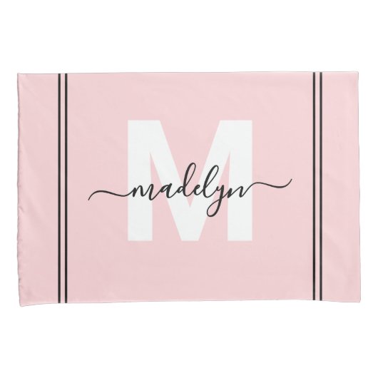 Blozende Roze Script Naam Monogram Kussensloop (Voorkant-Rechts)