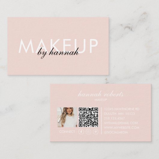 Blozende Roze Script Sociale QR Code Foto Make-up Visitekaartje (Voorkant / Achterkant)