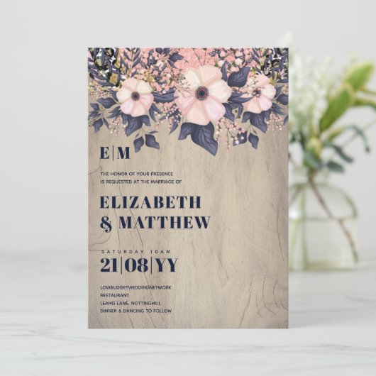 Blozende Roze Stof Blauw Roosgoud Bloemig Trouw Ch (Staand voorkant)