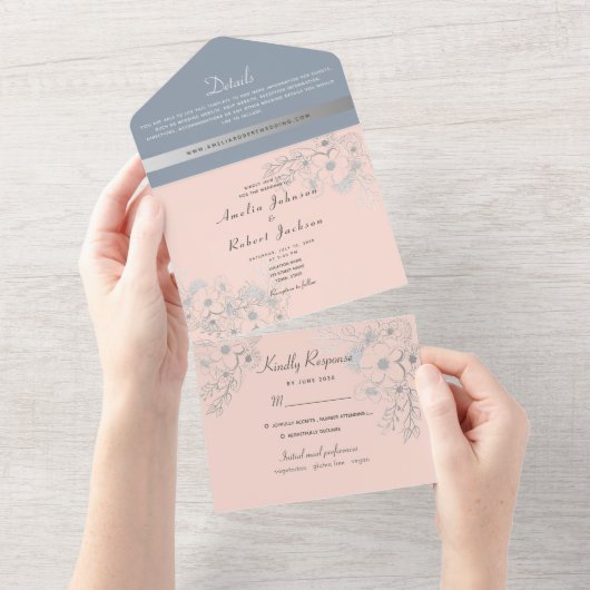 Blozende Roze & Stofblauw All-In-One Uitnodiging (Afscheurbaar)