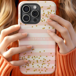 Blozende Roze Strepen Gouden Glitter Confetti Mono iPhone 15 Case