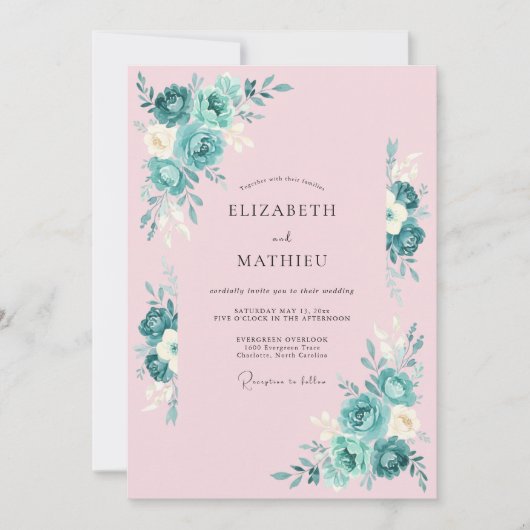 Blozende Roze Teal Botanische Bruiloft Kaart (Voorkant)