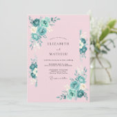 Blozende Roze Teal Botanische Bruiloft Kaart (Staand voorkant)