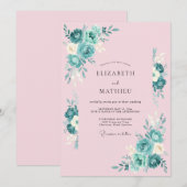 Blozende Roze Teal Botanische Bruiloft Kaart (Voorkant / Achterkant)