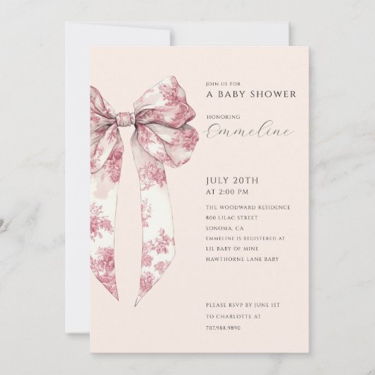 Blozende Roze Toile Strik Baby Borrel Kaart (Voorkant)