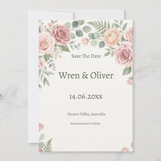 Blozende Roze Tuinroos Bloemig Save The Date (Voorkant)