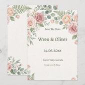 Blozende Roze Tuinroos Bloemig Save The Date (Voorkant / Achterkant)