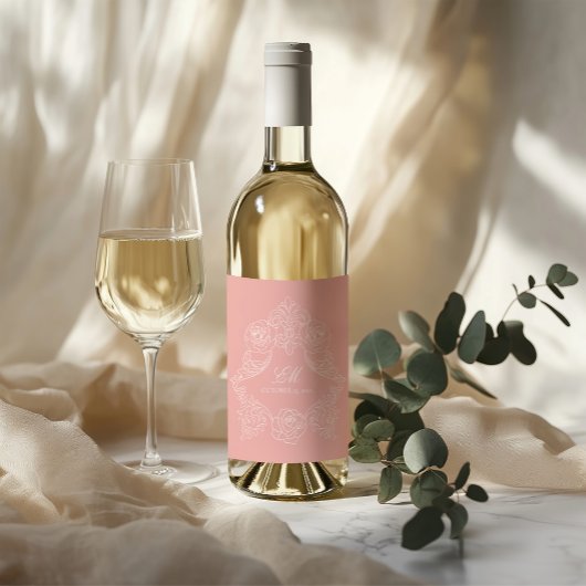 Blozende Roze Victoriaanse Crest Monogram Wijn Etiket