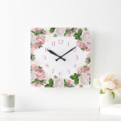 Blozende Roze Vintage Waterverf Bloem Wit Vierkante Klok (Huis)