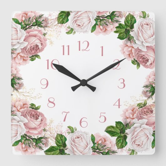 Blozende Roze Vintage Waterverf Bloem Wit Vierkante Klok (Voorkant)