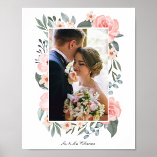 Blozende Roze Waterverf Bloemige Roos & Salie Groe Poster