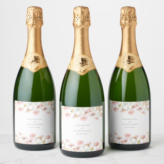 Blozende Roze Wilde Bloem Bruiloft Sparkling Wijnetiket (Flessen)
