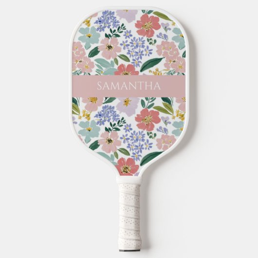Blozende Roze Wilde Bloem Waterverf Naam Pickleball Paddle (Voorkant)