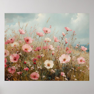 Blozende Roze Wilde Bloemen Schilderij Poster