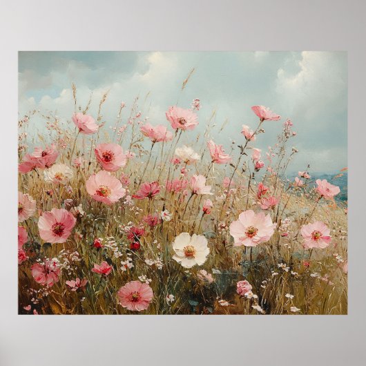 Blozende Roze Wilde Bloemen Schilderij Poster (Voorkant)