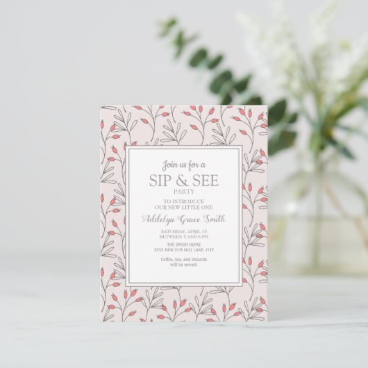 Blozende Roze Witte Bladeren Baby Shower Slurk en Kaart (Staand voorkant)