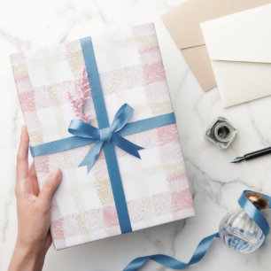 Blozende Roze Witte Crème Geruit Strepen Bruidsdou Cadeaupapier