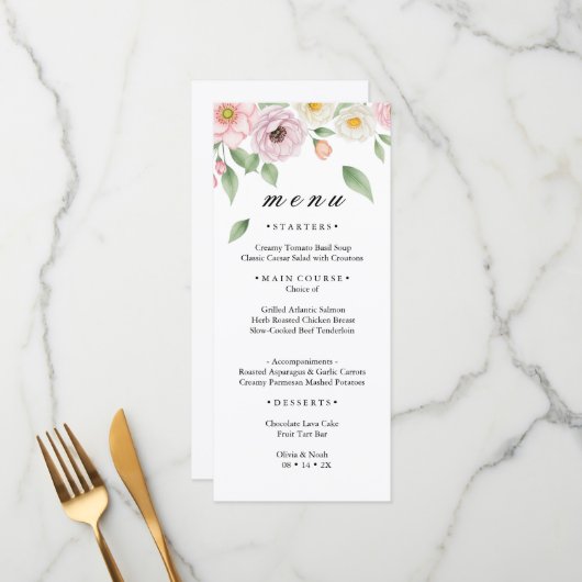 Blozende Roze Witte Roos Botanische Trouwdiner Menu (Voorkant / Achterkant in situ)