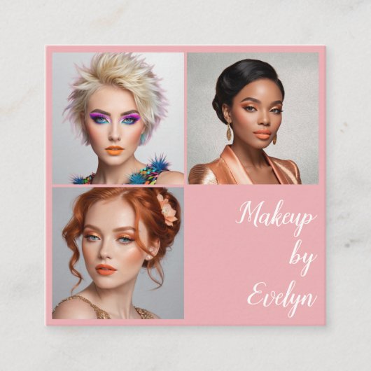 Blozende Roze Witte Script 3 Foto QR Code Make-up Vierkante Visitekaartje (Voorkant)
