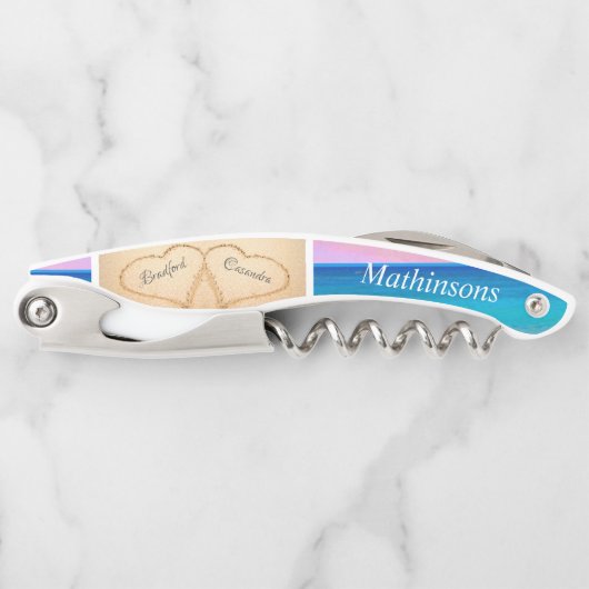 Blozende Roze Zonsondergang Harten in het Zand Str Kurkentrekker (Voorkant)