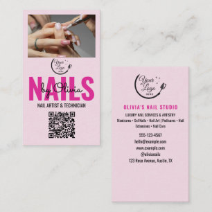Blozende Roze Zwarte Foto Qr Code Logo Nagelsalon Visitekaartje