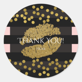 Blozende Roze & Zwarte Strepen Gouden Kus Lippen Ronde Sticker