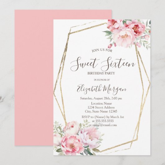 Blozende Rozen Gouden Lijst Sweet 16 Kaart (Voorkant / Achterkant)
