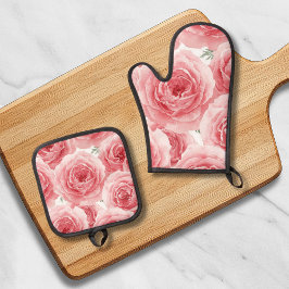 Blozende Rozen Waterverf Bloem Roze Bloemblad Patr Ovenwant & Pannenlap Set