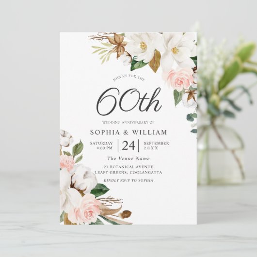 Blozende & Witte Bloemen 60ste Huwelijksjubileum Kaart (Staand voorkant)