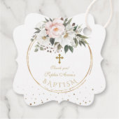 Blozende witte bloemen bloeien Gouden Kruis Doop  Bedankjes Labels (Achterkant)