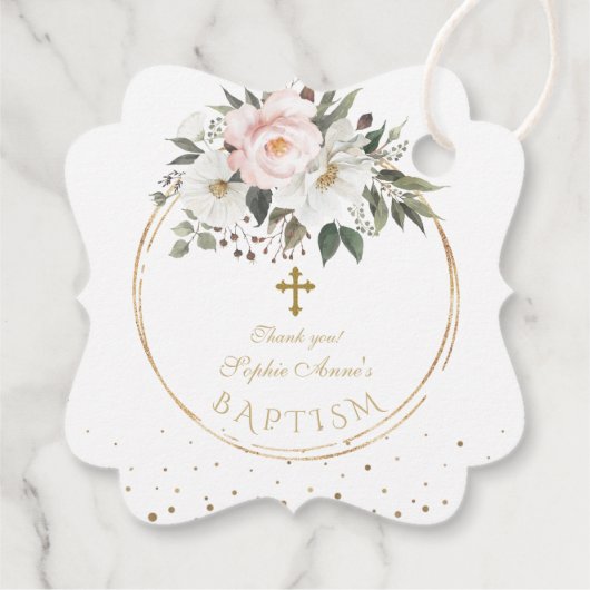 Blozende witte bloemen bloeien Gouden Kruis Doop  Bedankjes Labels (Achterkant)