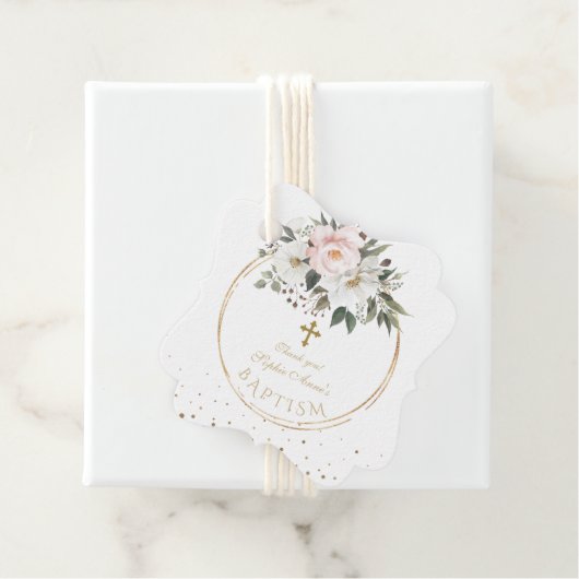 Blozende witte bloemen bloeien Gouden Kruis Doop  Bedankjes Labels (In situ)