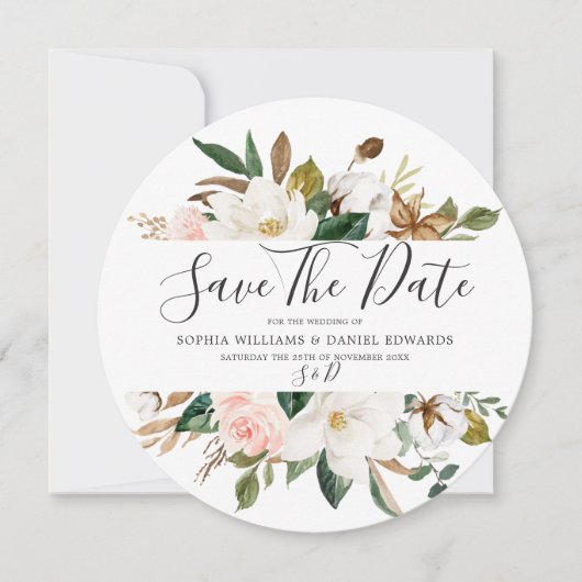 Blozende & Witte Bloemen Elegante Moderne Trouwdag Save The Date (Voorkant)