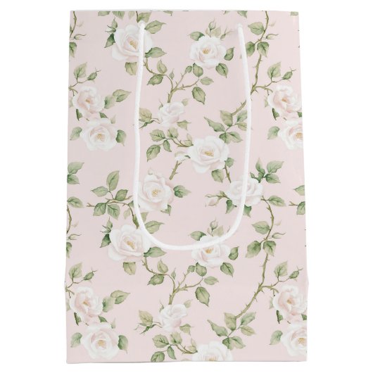 Blozende Witte Bloemige Bruiloftsdouche Medium Cadeauzakje (Achterkant)