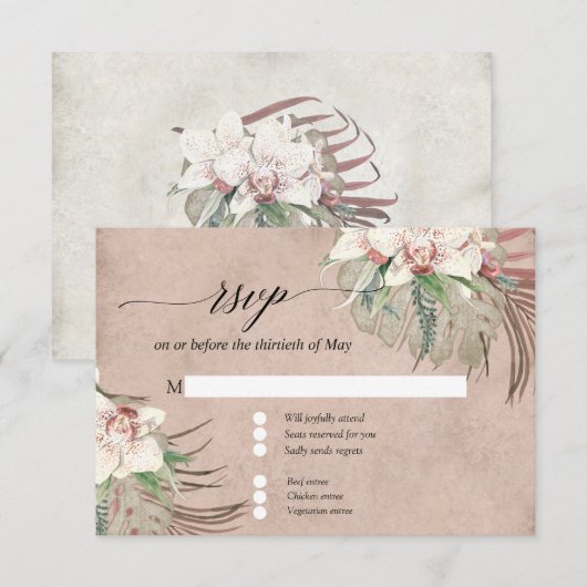 Blozende witte orchidee bloemrijke tropische groen RSVP kaartje (Voorkant / Achterkant)