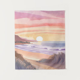Blozende Zee Zonsondergang | Strand Watercolor Sch Wandkleed