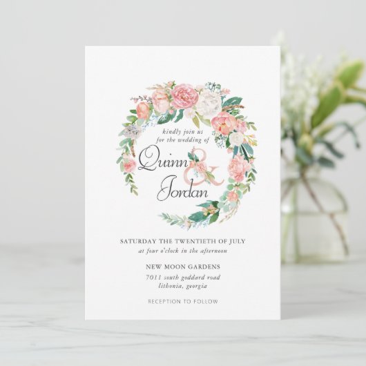 blozende zomer | Bloemenkrans bruiloft uitnodiging (Staand voorkant)