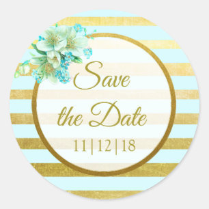 Blu en Gold Floral bespaar op datum-stickers Ronde Sticker