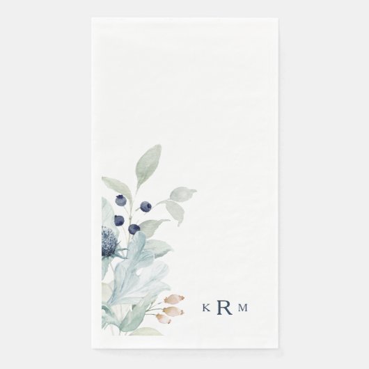 Blu-Waterverf foliage Monogram papier gastdoeken Servet (Voorkant)