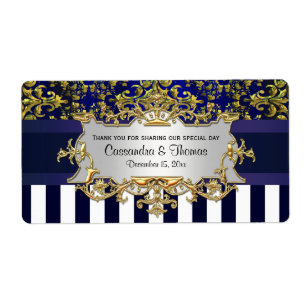 Blu Wht Stripe, Blu Gold Damask H Wijnflesetiket Etiket