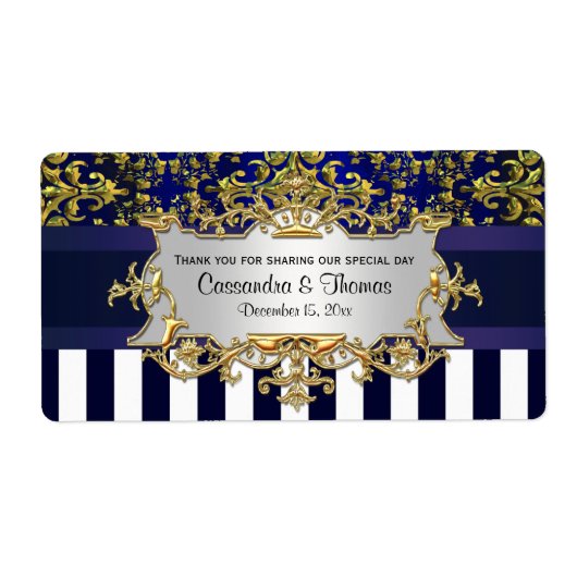 Blu Wht Stripe, Blu Gold Damask H Wijnflesetiket Etiket (Voorkant)
